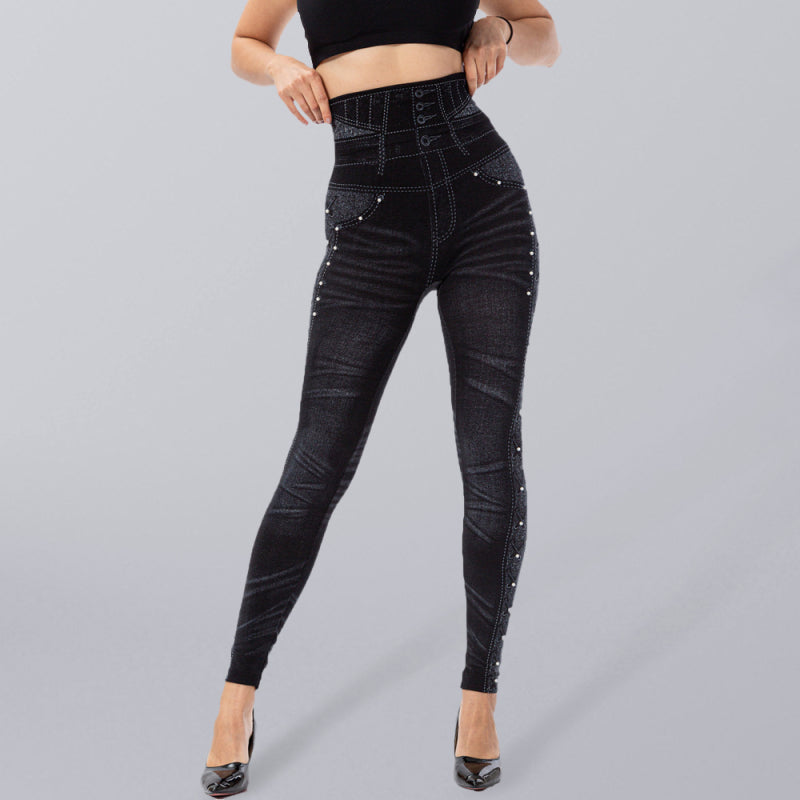 High waist beaded leggings stretch slim cropped pants