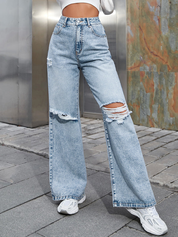 Women's Fashion ripped high waist wide leg casual denim trousers