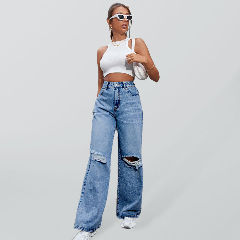 Women's Fashion ripped high waist wide leg casual denim trousers