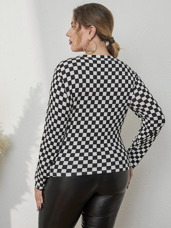 Plus Size Women's Knitted Skinny Checkerboard Round Neck Long Sleeve T-Shirt