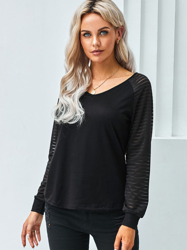 Women's stitching see-through striped long-sleeved V-neck T-shirt