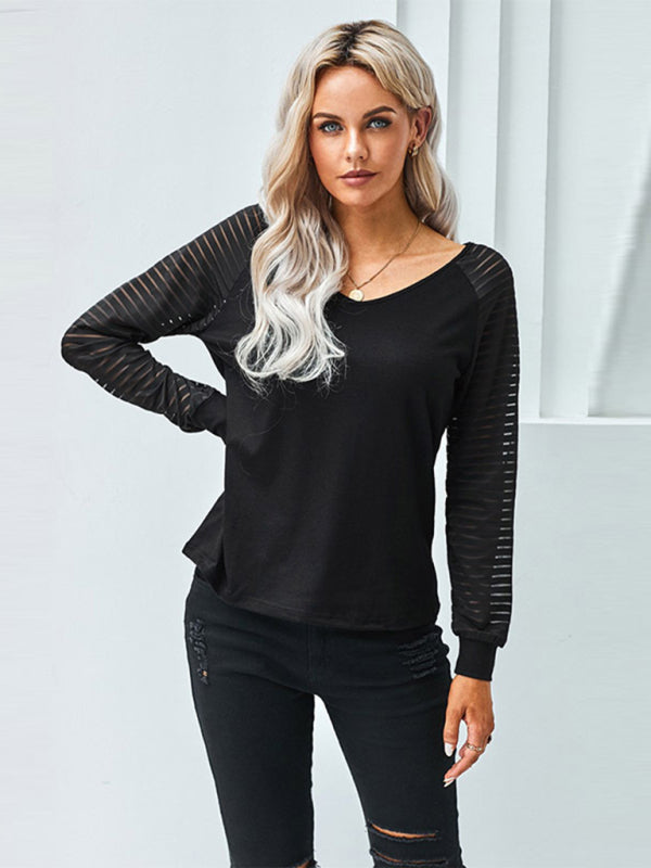 Women's stitching see-through striped long-sleeved V-neck T-shirt