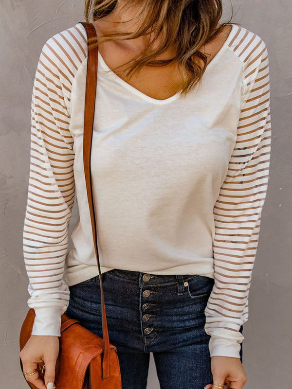 Women's stitching see-through striped long-sleeved V-neck T-shirt