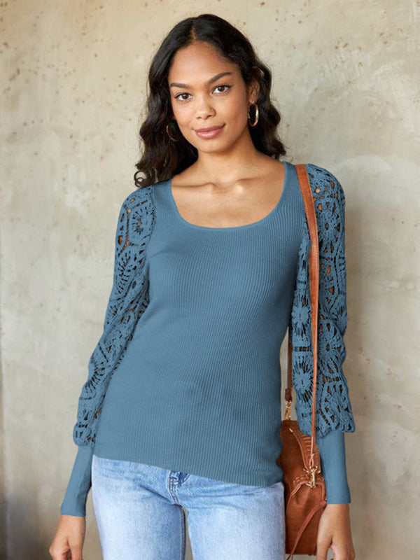 Women's Paneled Lace Long Sleeve Pullover T-Shirt