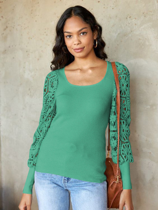 Women's Paneled Lace Long Sleeve Pullover T-Shirt