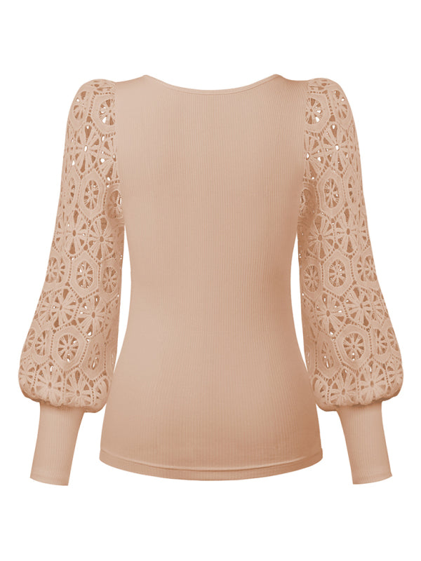 Women's Paneled Lace Long Sleeve Pullover T-Shirt