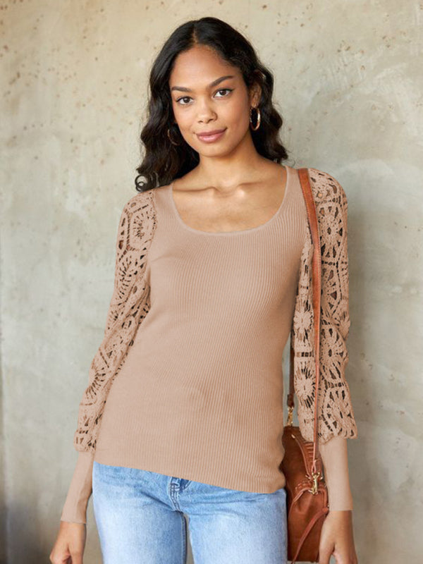 Women's Paneled Lace Long Sleeve Pullover T-Shirt