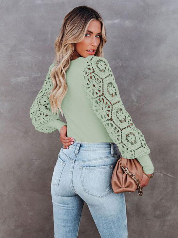 Women's Paneled Lace Long Sleeve Pullover T-Shirt