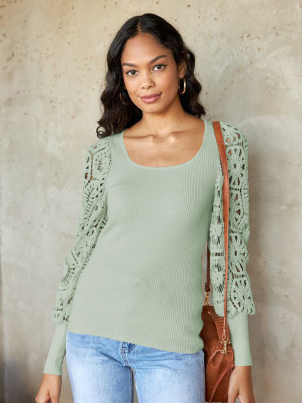 Women's Paneled Lace Long Sleeve Pullover T-Shirt