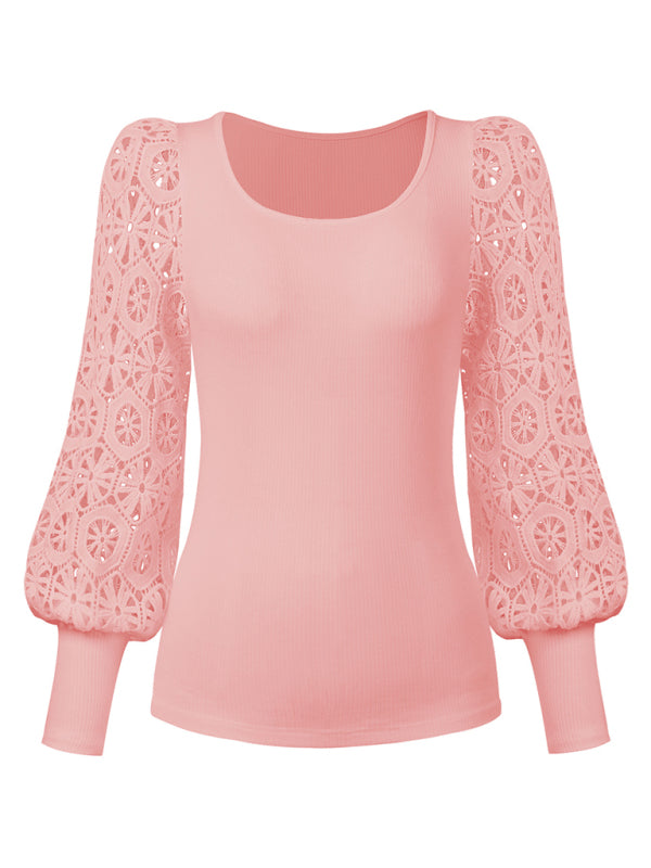 Women's Paneled Lace Long Sleeve Pullover T-Shirt