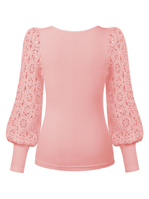 Women's Paneled Lace Long Sleeve Pullover T-Shirt