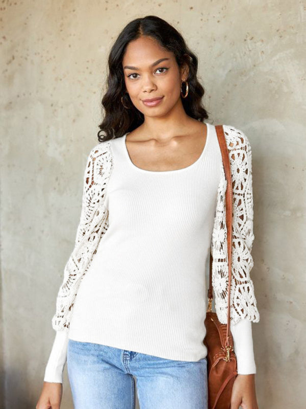 Women's Paneled Lace Long Sleeve Pullover T-Shirt