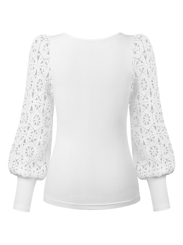 Women's Paneled Lace Long Sleeve Pullover T-Shirt