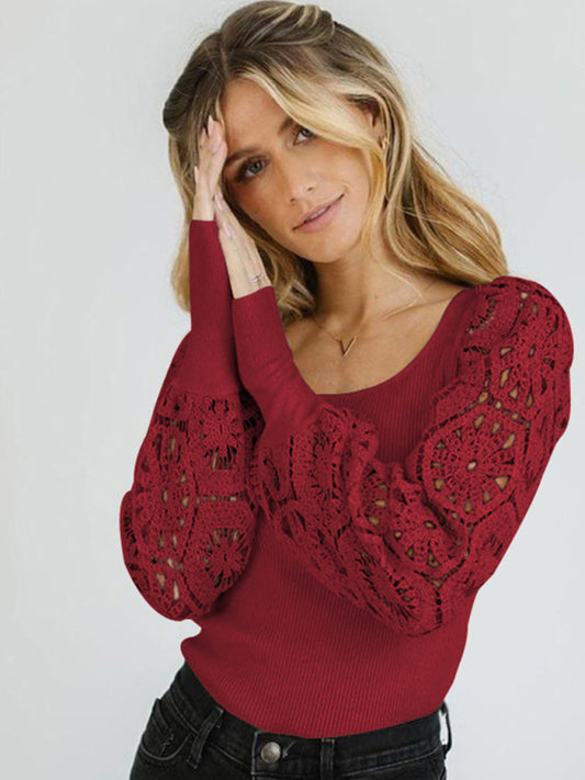 Women's Paneled Lace Long Sleeve Pullover T-Shirt