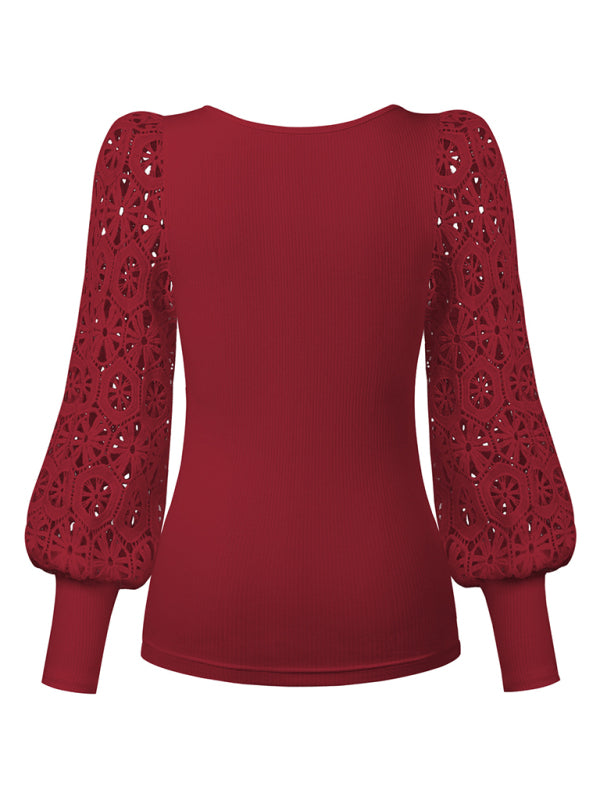 Women's Paneled Lace Long Sleeve Pullover T-Shirt