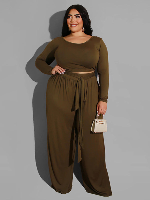 Women's plus size solid color knitted casual two-piece set