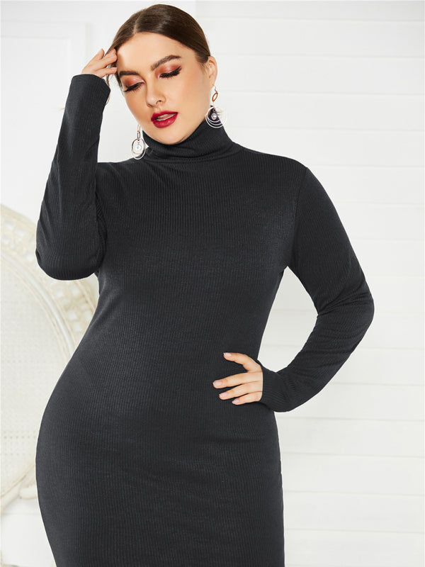 Women's Plus Size Solid Color Knit Turtleneck Long Sleeve Dress