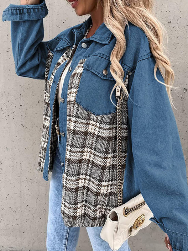 Denim Jacket Long Sleeve Check Button Down Shirt Jacket Top