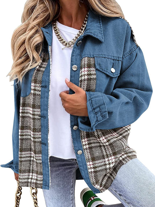 Denim Jacket Long Sleeve Check Button Down Shirt Jacket Top