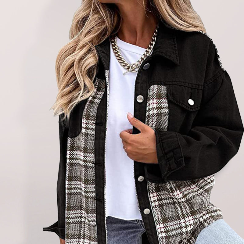 Denim Jacket Long Sleeve Check Button Down Shirt Jacket Top