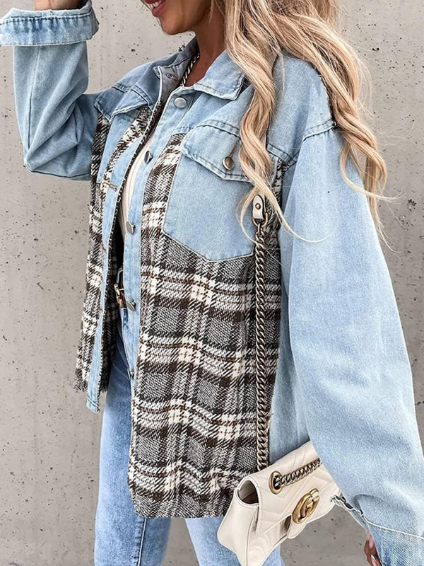 Denim Jacket Long Sleeve Check Button Down Shirt Jacket Top