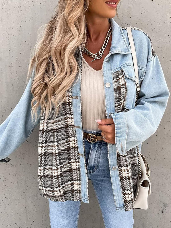 Denim Jacket Long Sleeve Check Button Down Shirt Jacket Top