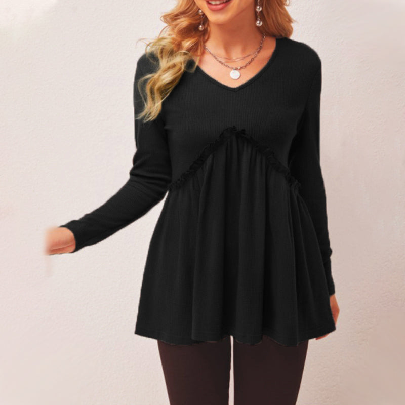 New loose ruffled ruffle loose V-neck T-shirt