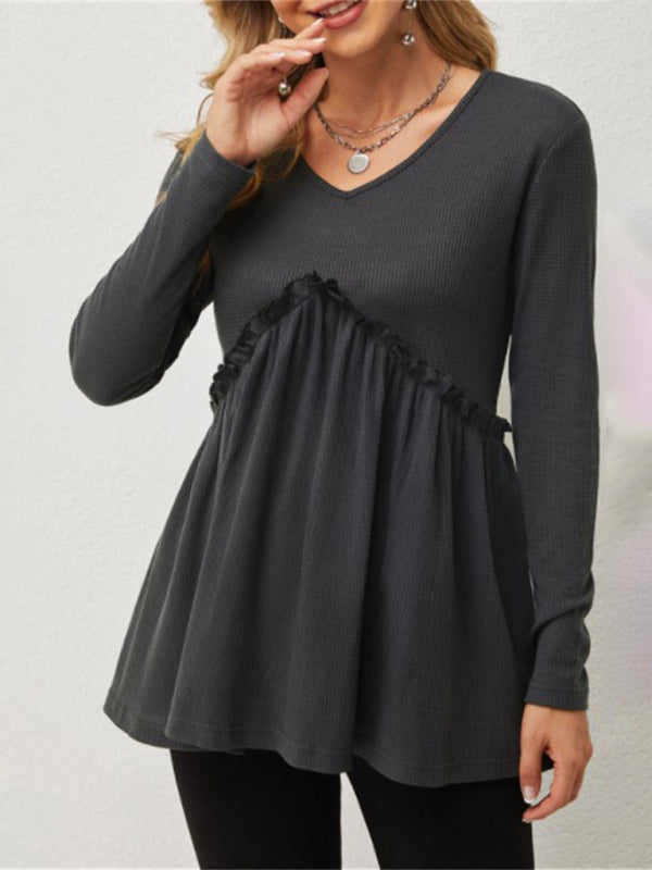 New loose ruffled ruffle loose V-neck T-shirt