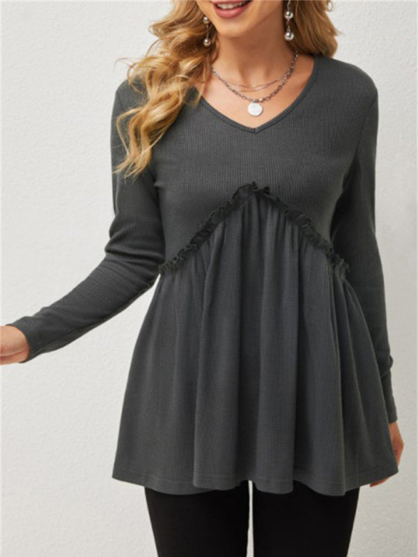 New loose ruffled ruffle loose V-neck T-shirt