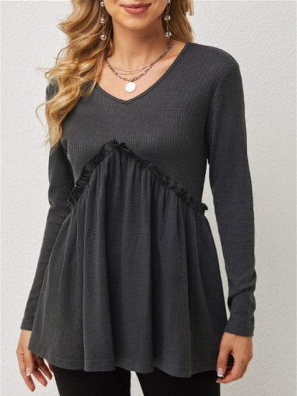 New loose ruffled ruffle loose V-neck T-shirt