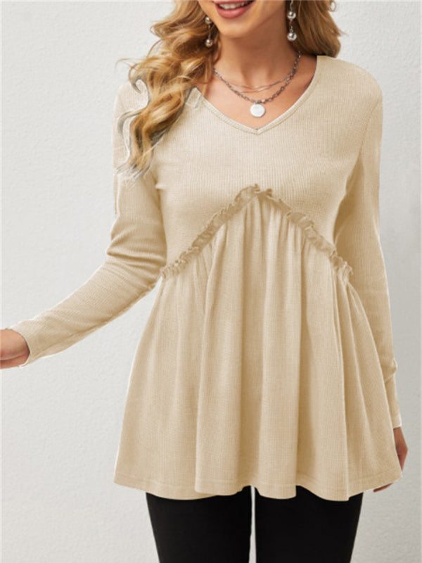 New loose ruffled ruffle loose V-neck T-shirt