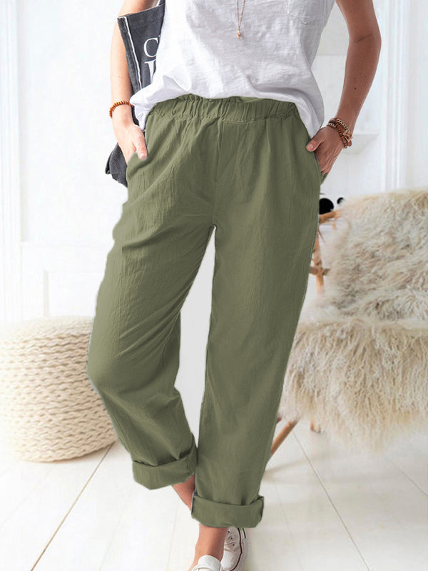 New style solid color casual elastic high waist straight trousers women