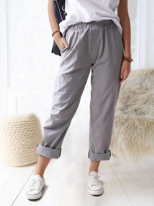 New style solid color casual elastic high waist straight trousers women