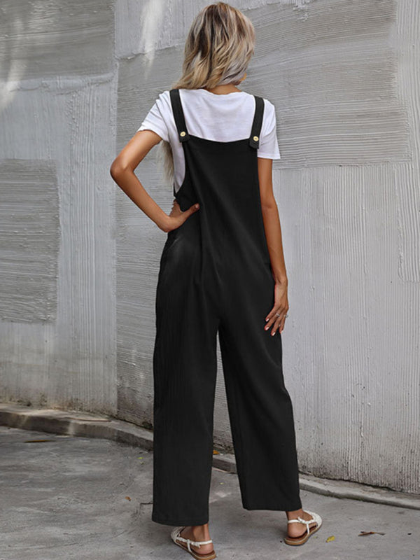 Trendy cotton and linen lazy style pure color sleeveless suspenders one-piece overalls for women