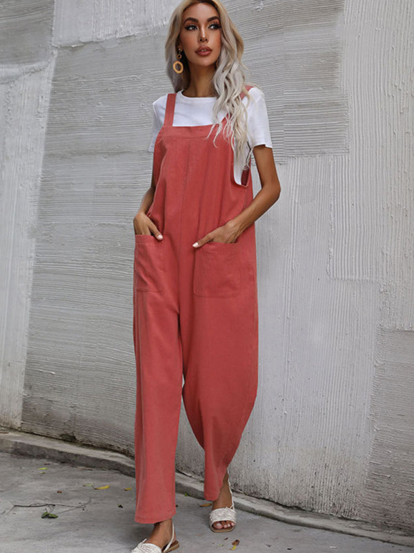 Trendy cotton and linen lazy style pure color sleeveless suspenders one-piece overalls for women