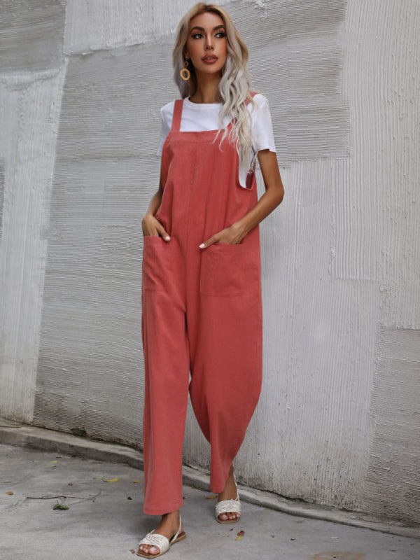 Trendy cotton and linen lazy style pure color sleeveless suspenders one-piece overalls for women