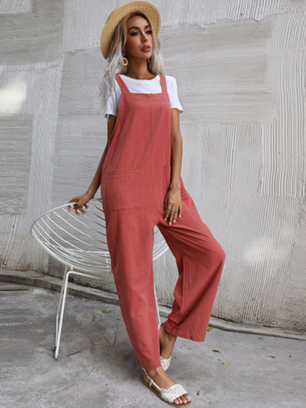 Trendy cotton and linen lazy style pure color sleeveless suspenders one-piece overalls for women