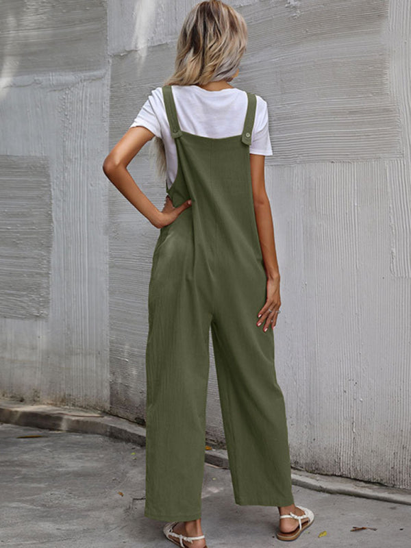 Trendy cotton and linen lazy style pure color sleeveless suspenders one-piece overalls for women