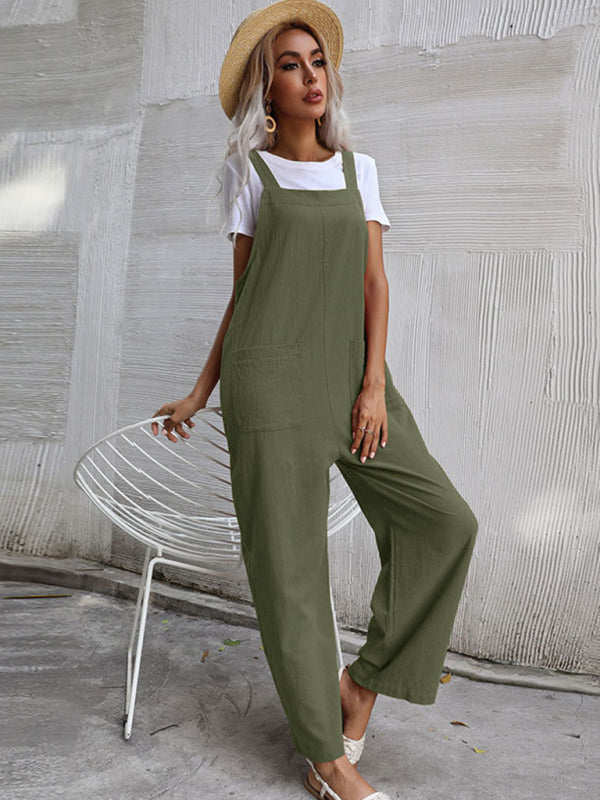 Trendy cotton and linen lazy style pure color sleeveless suspenders one-piece overalls for women