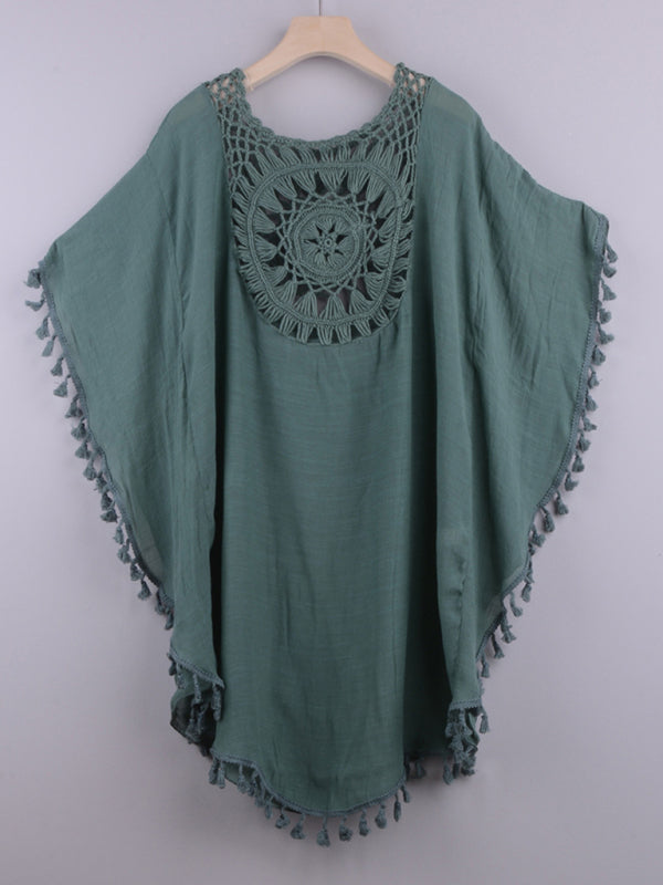 Sexy off-shoulder hollow loose tassel bikini with ins wind and beach blouse