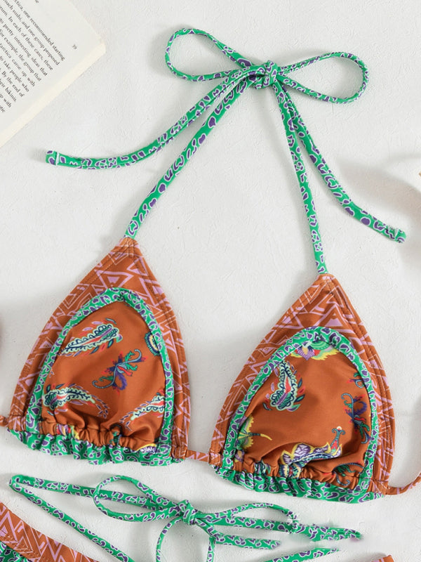 Women's ethnic print halter neck tie bikini