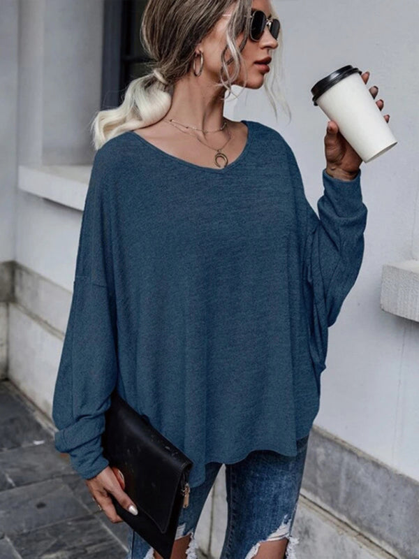 Solid color loose tie back drop shoulder T-shirt loose casual all-match