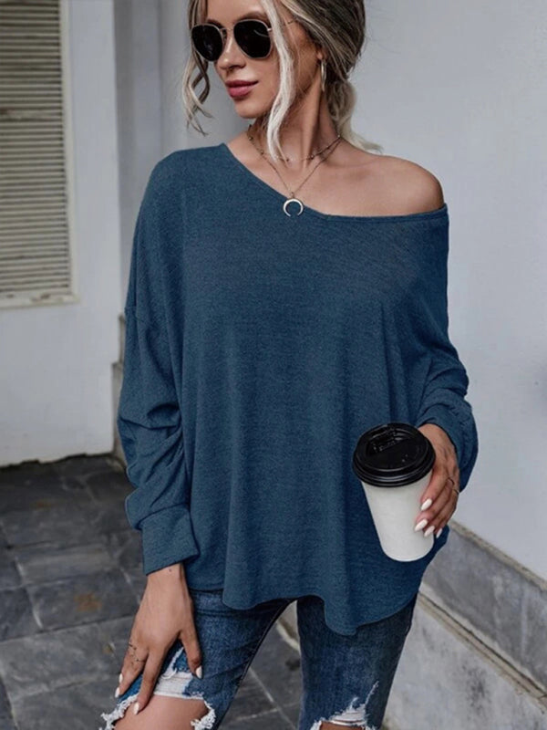 Solid color loose tie back drop shoulder T-shirt loose casual all-match