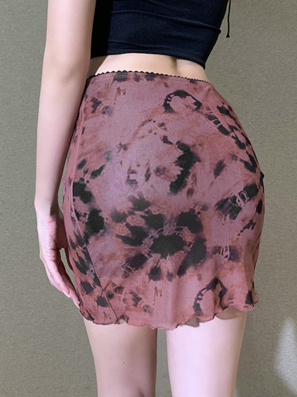 Printed mesh skirt high waist double layer slim wrap hip skirt