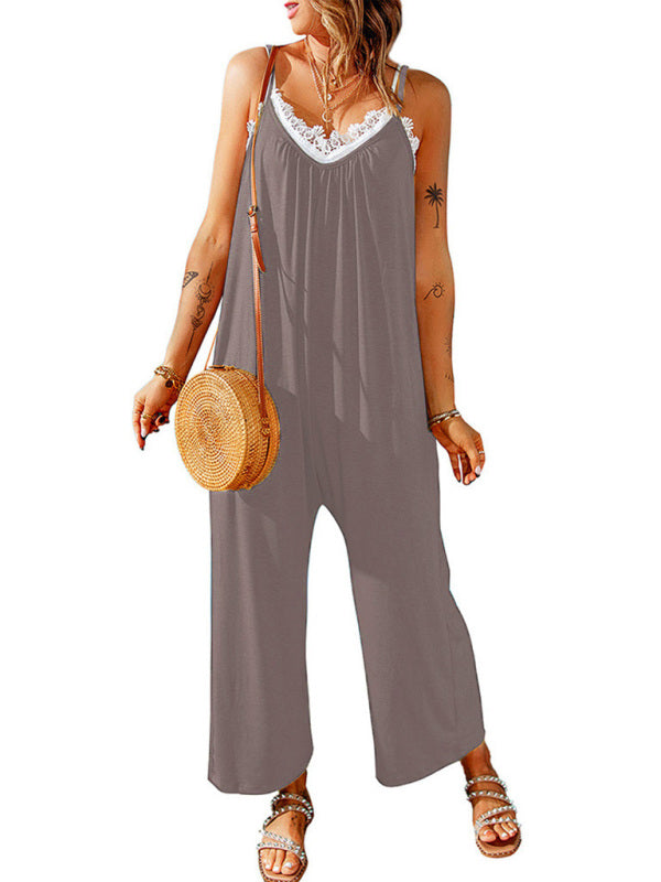 Women's casual suspenders jumpsuit loose simple wide-leg jumpsuit