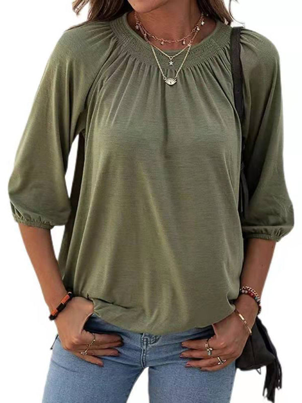 Solid Color Loose Round Neck 3/4 Sleeves Ladies T-Shirt