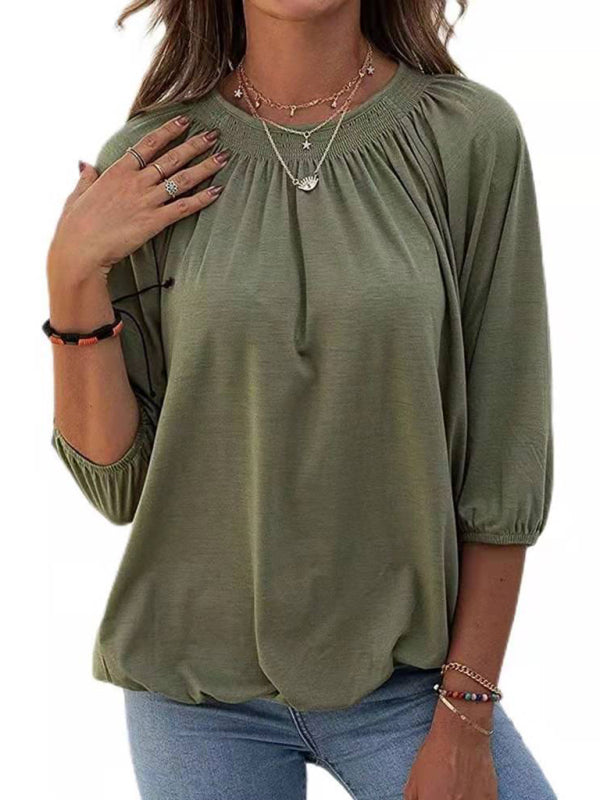 Solid Color Loose Round Neck 3/4 Sleeves Ladies T-Shirt