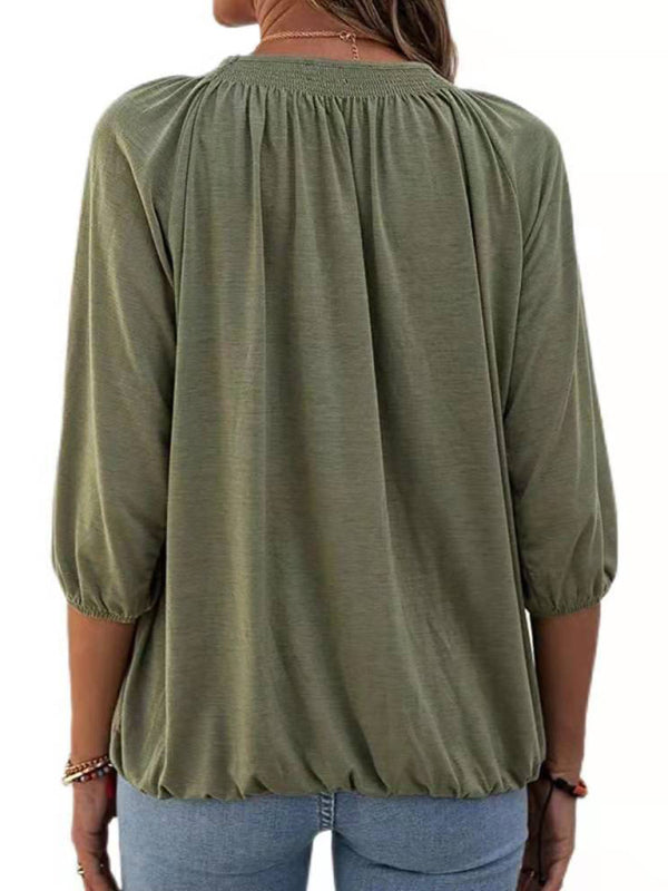 Solid Color Loose Round Neck 3/4 Sleeves Ladies T-Shirt