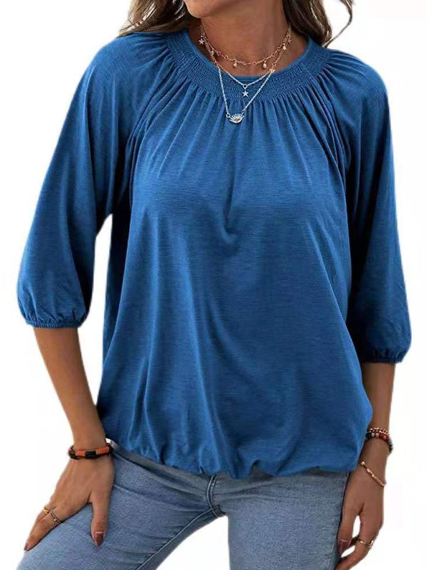 Solid Color Loose Round Neck 3/4 Sleeves Ladies T-Shirt