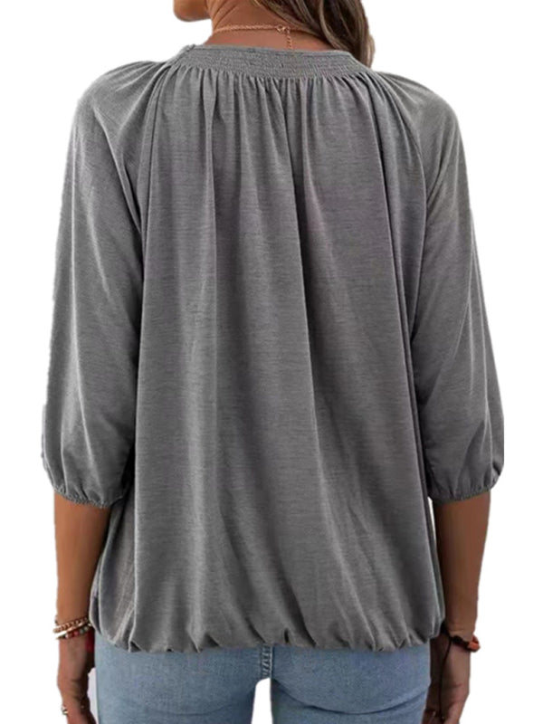 Solid Color Loose Round Neck 3/4 Sleeves Ladies T-Shirt